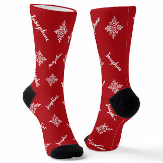 Red And White Snowflakes With Custom Name Pattern Socks