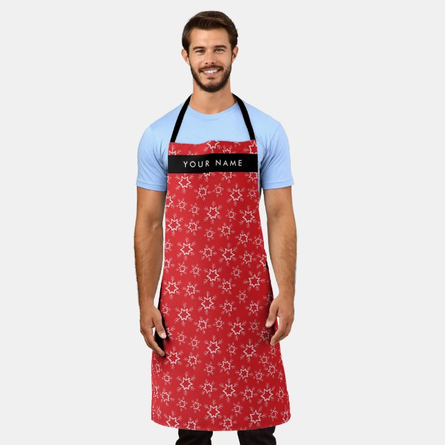 Red and White Snowflakes, Your name, Personalize Apron (Worn)