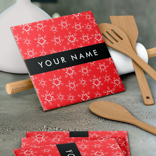 Red and White Snowflakes, Your name, Personalize Ceramic Tile (Creator Uploaded)