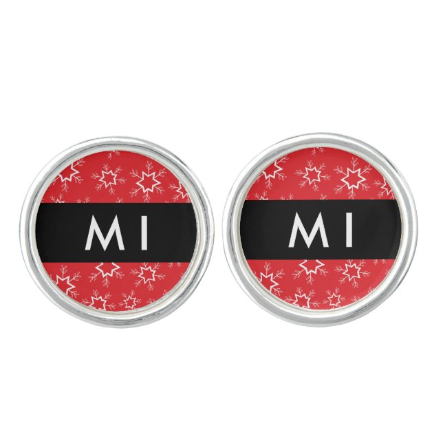 Red and White Snowflakes, Your name, Personalize Cufflinks (Front)