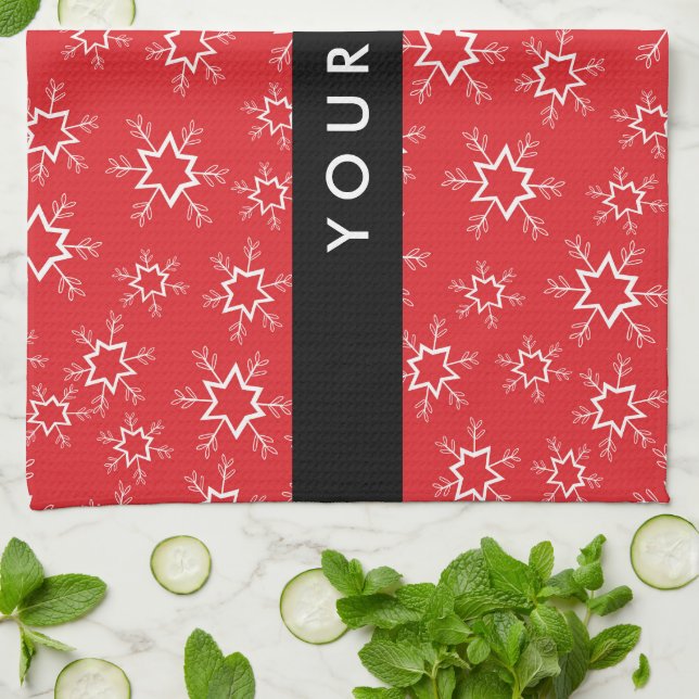 Red and White Snowflakes, Your name, Personalize Kitchen Towel (Folded)