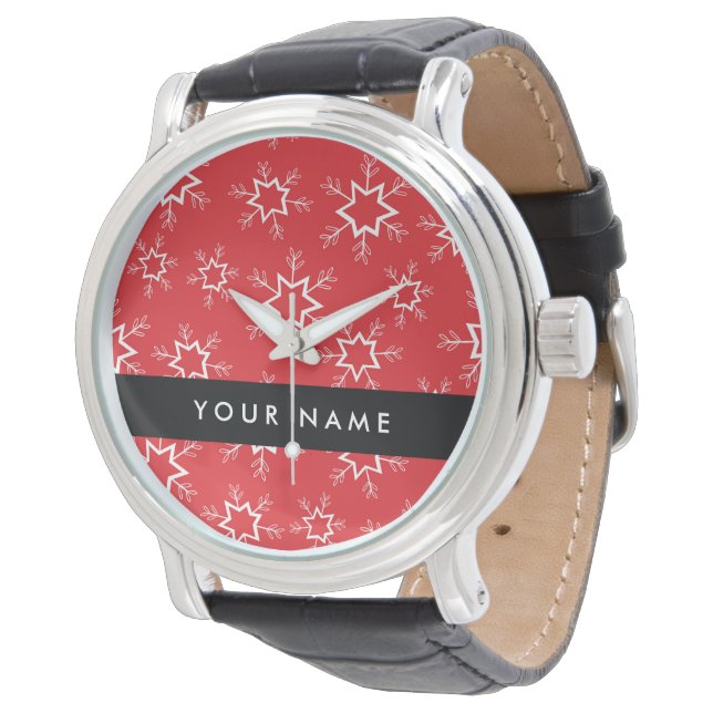 Red and White Snowflakes, Your name, Personalize Watch (Angled)
