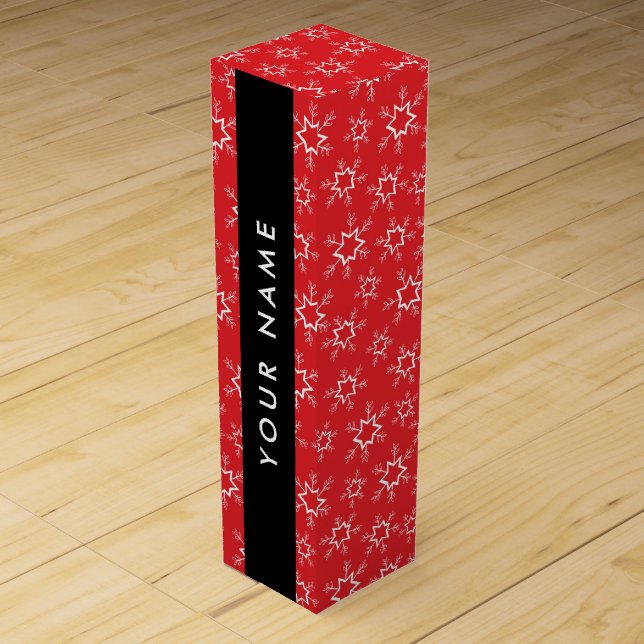 Red and White Snowflakes, Your name, Personalize Wine Box (Front)