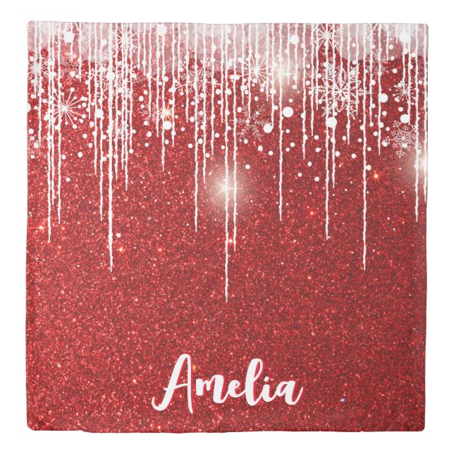 Red And White Snowy Drip And Snowflake Custom Name Duvet Cover (Front)