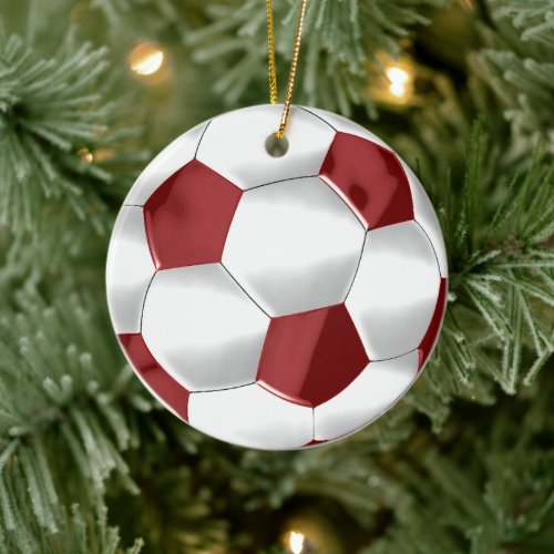 Red and White Soccer Ball Ceramic Ornament