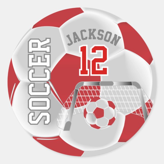 Red and White Soccer Ball Classic Round Sticker (Front)
