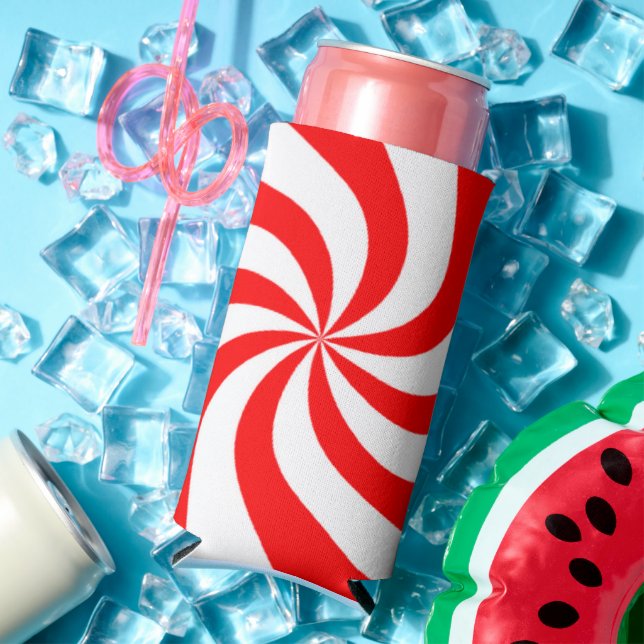 Red and white spiral print seltzer can cooler (In Situ Summer)