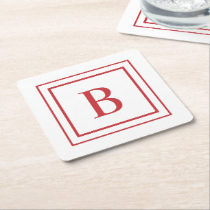 Red And White Square Border Monogram  Square Paper Coaster