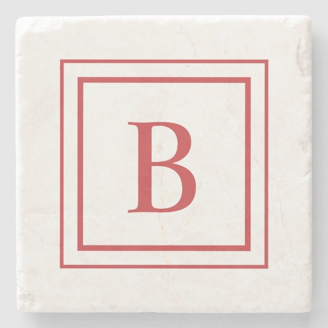 Red And White Square Border Monogram  Stone Coaster (Front)