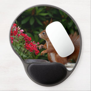 Red and White Squirrel with Red Flower Bush Gel Mouse Pad