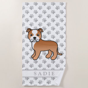 Red And White Staffie Cute Cartoon Dog & Name Beach Towel