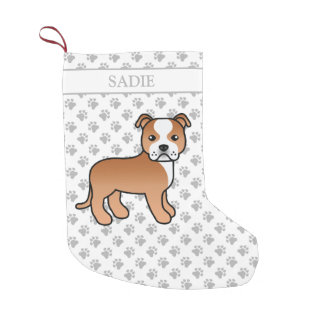 Red And White Staffie Cute Cartoon Dog &amp; Name Small Christmas Stocking