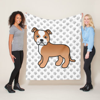 Red And White Staffie Cute Cartoon Dog &amp; Paws Fleece Blanket