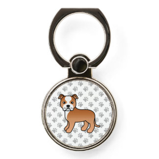 Red And White Staffie Cute Cartoon Dog &amp; Paws Phone Ring Stand