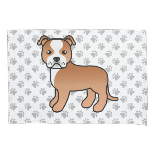 Red And White Staffie Cute Cartoon Dog & Paws Pillow Case