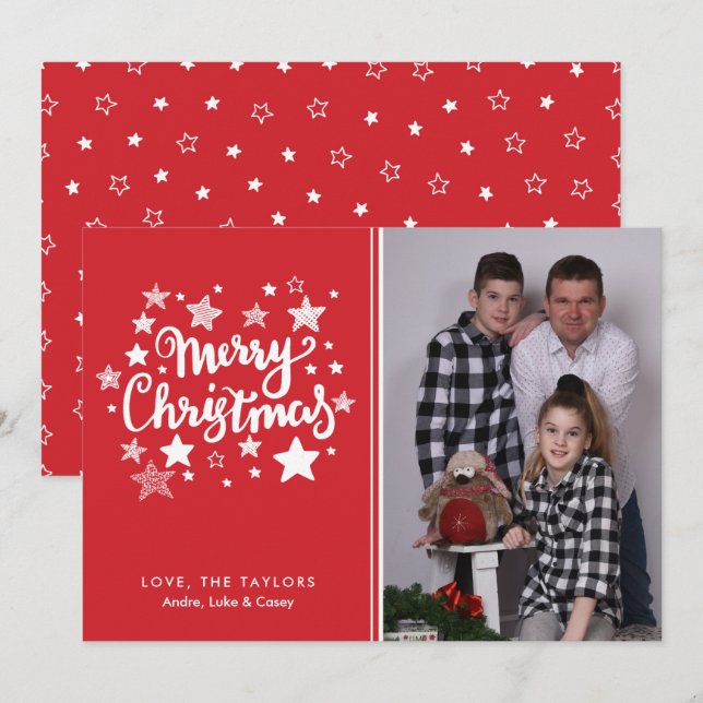 Red and White Starry Christmas Photo Card (Front/Back)