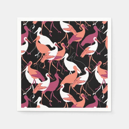 Red and White Stork Birds on Black Background Napkins