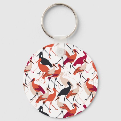 Red and White Stork Birds Seamless Pattern Keychain