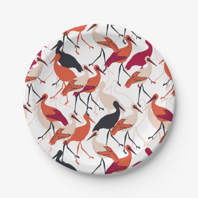 Red and White Stork Birds Seamless Pattern Paper Plates (Front)