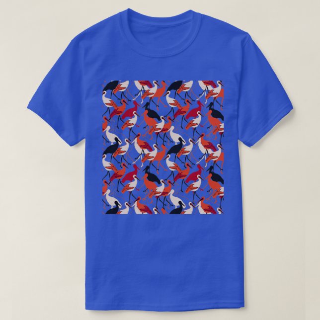 Red and White Stork Birds Seamless Pattern  T-Shirt (Design Front)