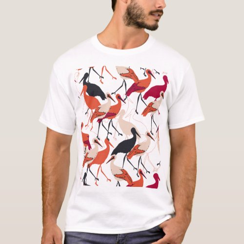 Red and White Stork Birds Seamless Pattern T_Shirt
