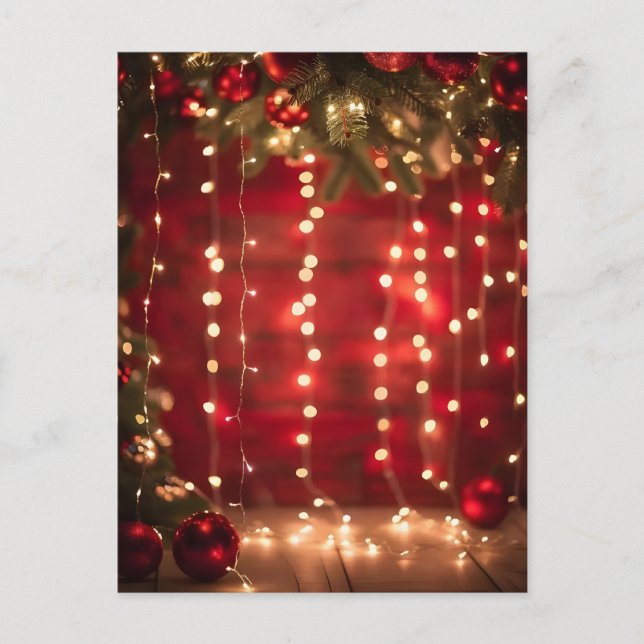Red and White String Lights Christmas Digital Art Postcard (Front)