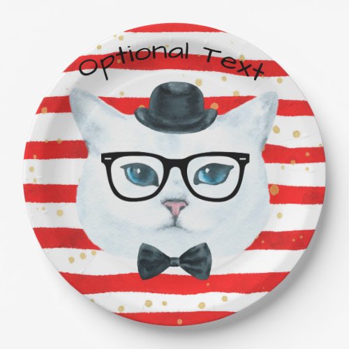 Red and White Stripe Hipster Cat Paper Plates