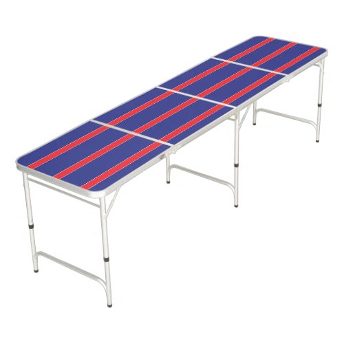 Red and white stripe on navy blue beer pong table