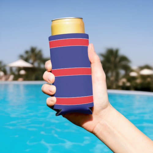 Red and white stripe on navy blue seltzer can cooler