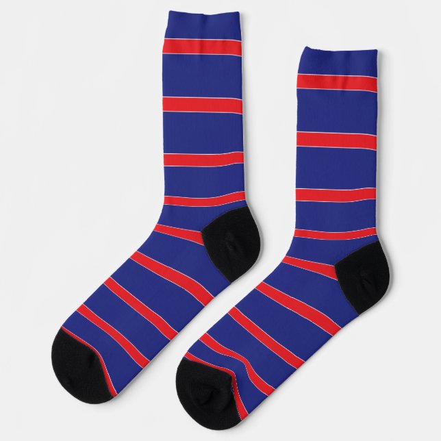 Red and white stripe on navy blue socks (Left)