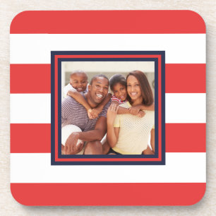Red and White Stripe Pattern with Photo Beverage Coaster