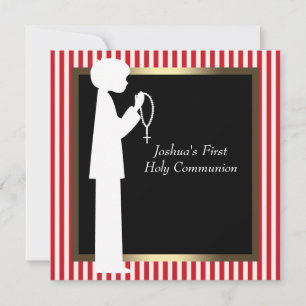 Red and White Stripe Rosary Boys First Communion Invitation