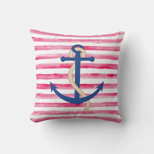 Red and White Stripe Watercolor Nautical Pillow