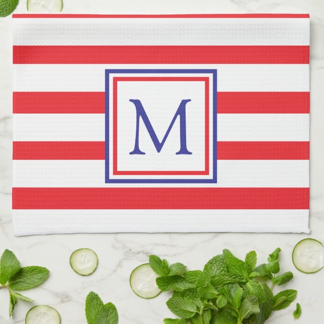 Red and White Stripe With Navy Blue Monogram Kitchen Towel (Folded)