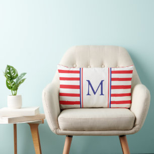 Red and White Stripe With Navy Blue Monogram Lumbar Pillow