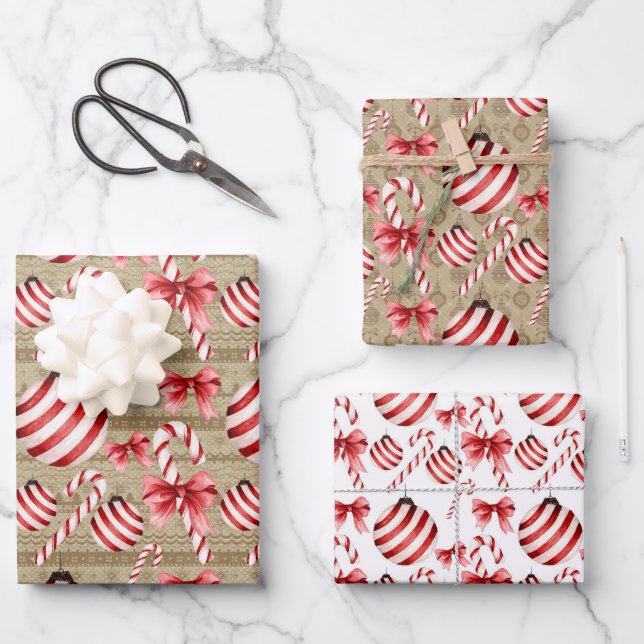 Red and White Striped Balls and Candy Canes Wrapping Paper Sheets (Front)