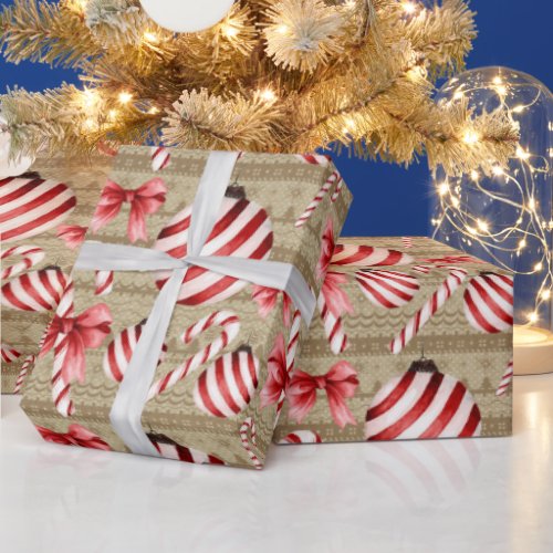 Red and White Striped Candy Canes and Balls  Wrapping Paper
