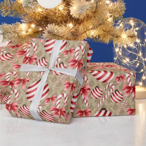 Red and White Striped Candy Canes and Balls Wrapping Paper