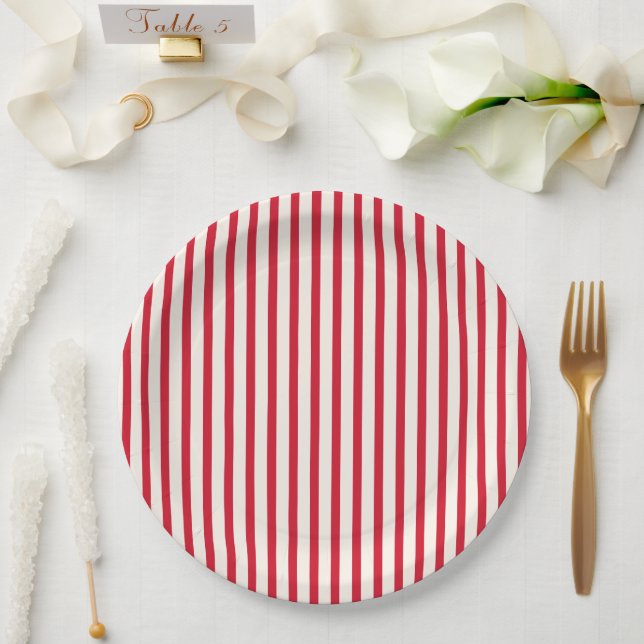 Red and White Striped Modern Christmas Stripe Paper Plates (Wedding)