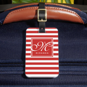 Red and White Striped Pattern - Monogram Luggage Tag