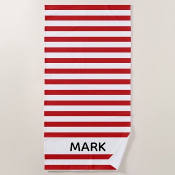 Red And White Striped  Personalized Beach Towel by InTrendPatterns at Zazzle