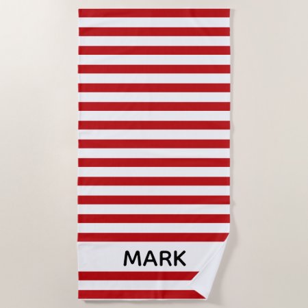 Red And White Striped  Personalized Beach Towel