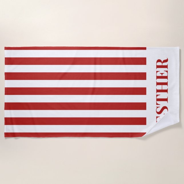 Red and White Striped Personalized Cabana Beach  Beach Towel (Front)
