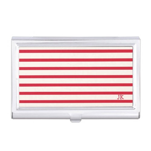 Red and White Striped Personalized Initials Business Card Case