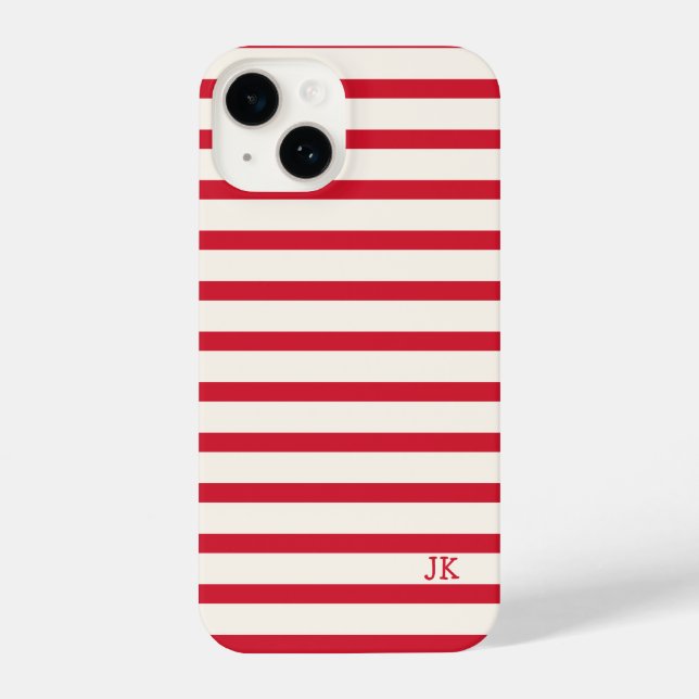 Red and White Striped Personalized Initials iPhone Case (Back)
