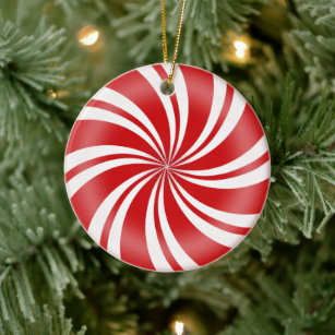 Red and White Striped Round Peppermint Candy Ceramic Ornament