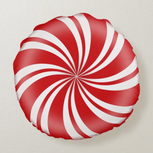 Red and White Striped Round Peppermint Candy Round Pillow
