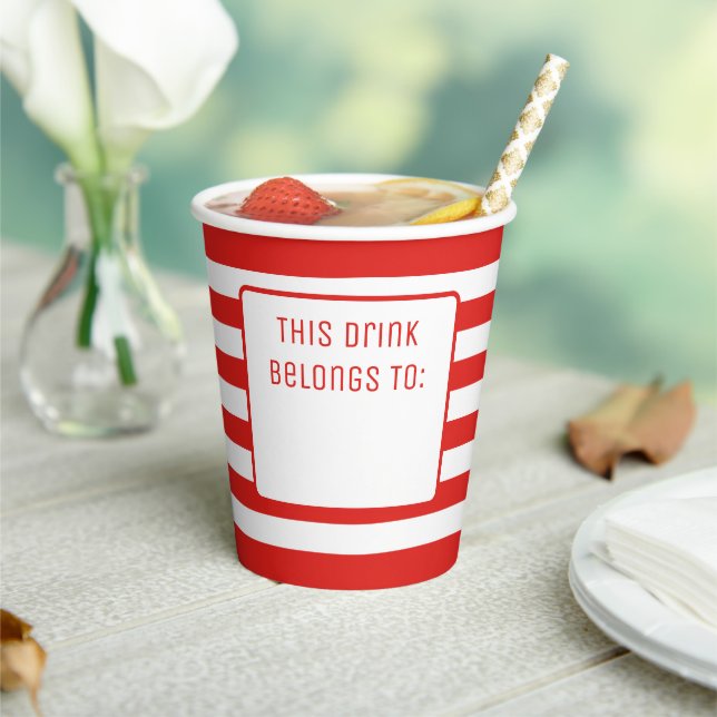 Red and White Striped "This Drink Belongs To" Paper Cups (Insitu)