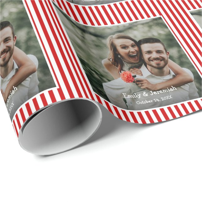 Red and White Striped Wedding Photo Wrapping Paper (Roll Corner)