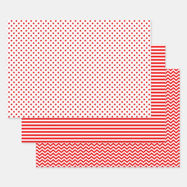 Red and White Stripes Chevron Polka Dots Wrapping Paper Sheets (Set)